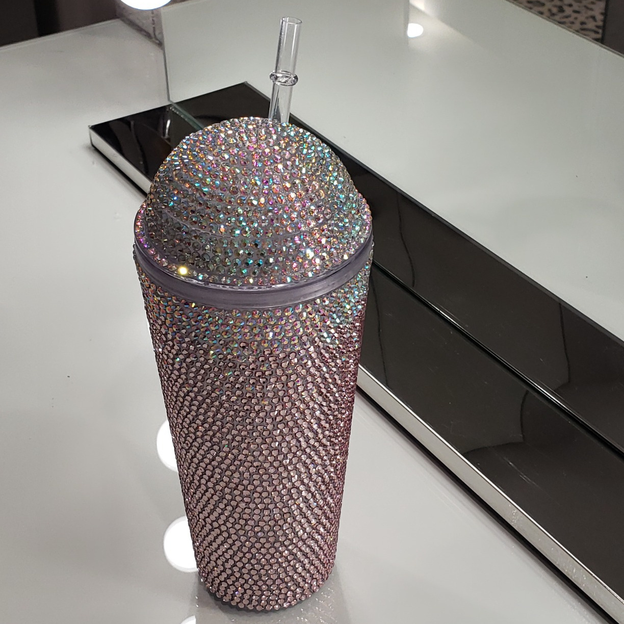 Bling cup pink luxury glitter rhinestone water bottle Dome lid rhinestone tumbler 20 oz double wall bling tumbler lid straw