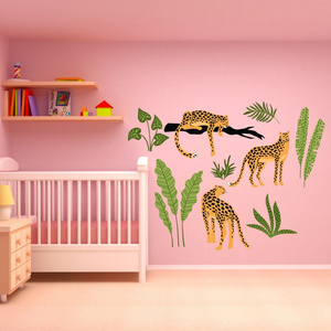 Nursery baby room wall sticker Wild animal leopard Plant self adhesive wallpaper vinyl stickers Wall decoration