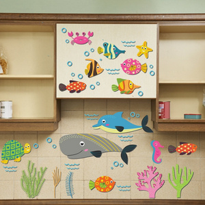 Self adhesive Vinyl home decor 3D design Wall sticker Ocean world fish school wall stickers Nursery baby room wall decoration