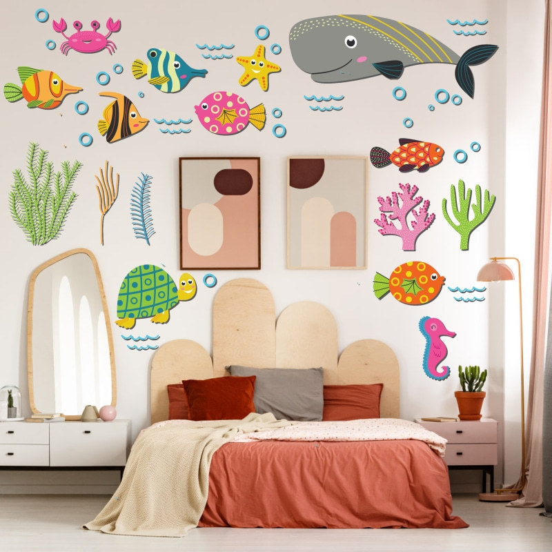 Self adhesive Vinyl home decor 3D design Wall sticker Ocean world fish school wall stickers Nursery baby room wall decoration