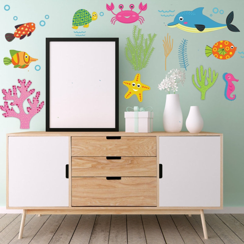 Self adhesive Vinyl home decor 3D design Wall sticker Ocean world fish school wall stickers Nursery baby room wall decoration