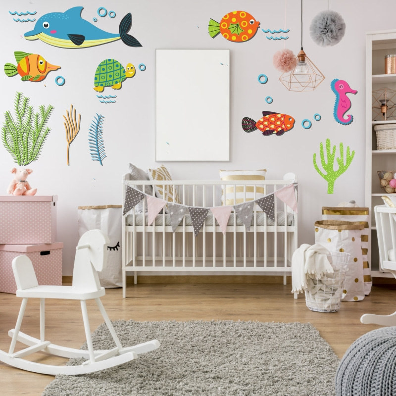 Self adhesive Vinyl home decor 3D design Wall sticker Ocean world fish school wall stickers Nursery baby room wall decoration