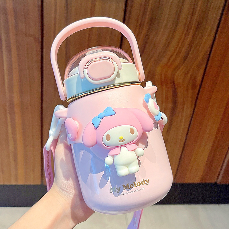 Large Capacity 700ML Sanrio Stainless Steel Straw Bottles Cute Kids Children Cartoon Kuromi Thermal Water Bottle with Strap