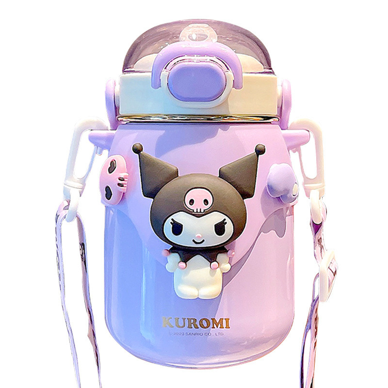 Large Capacity 700ML Sanrio Stainless Steel Straw Bottles Cute Kids Children Cartoon Kuromi Thermal Water Bottle with Strap