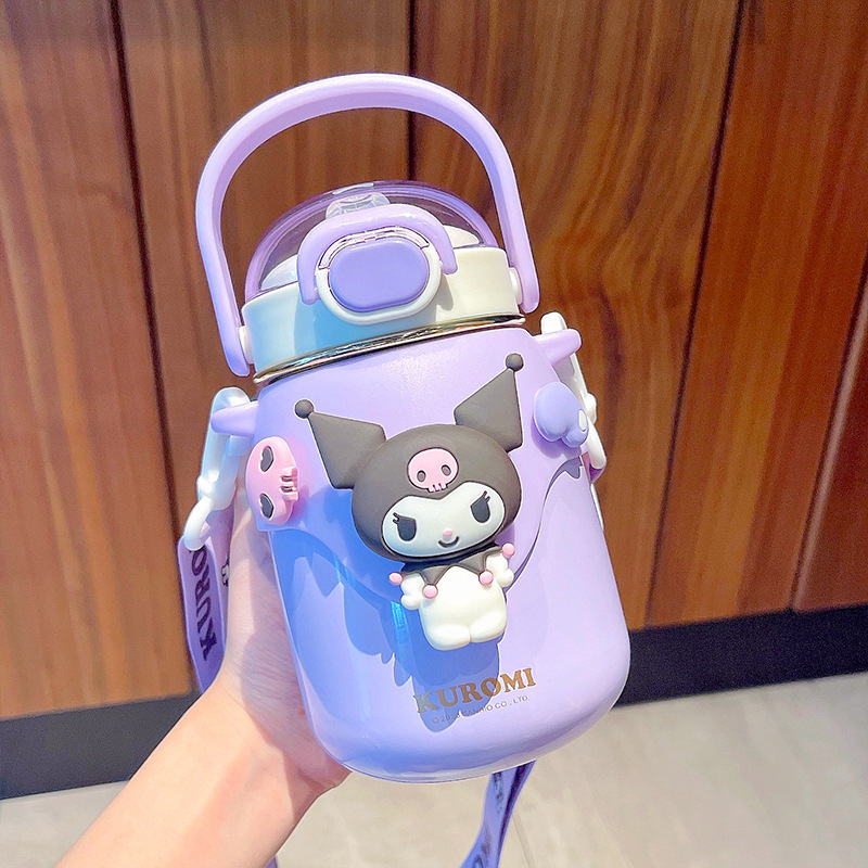 Large Capacity 700ML Sanrio Stainless Steel Straw Bottles Cute Kids Children Cartoon Kuromi Thermal Water Bottle with Strap