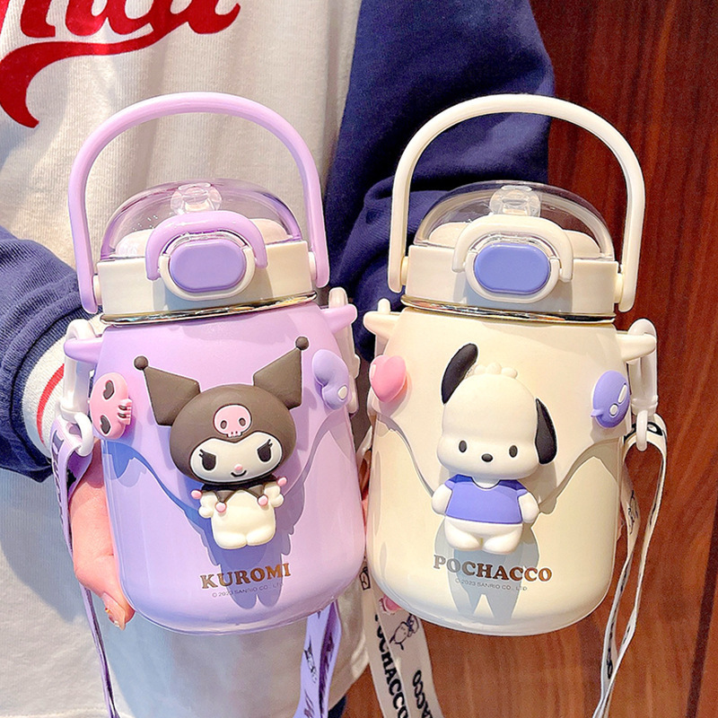 Large Capacity 700ML Sanrio Stainless Steel Straw Bottles Cute Kids Children Cartoon Kuromi Thermal Water Bottle with Strap