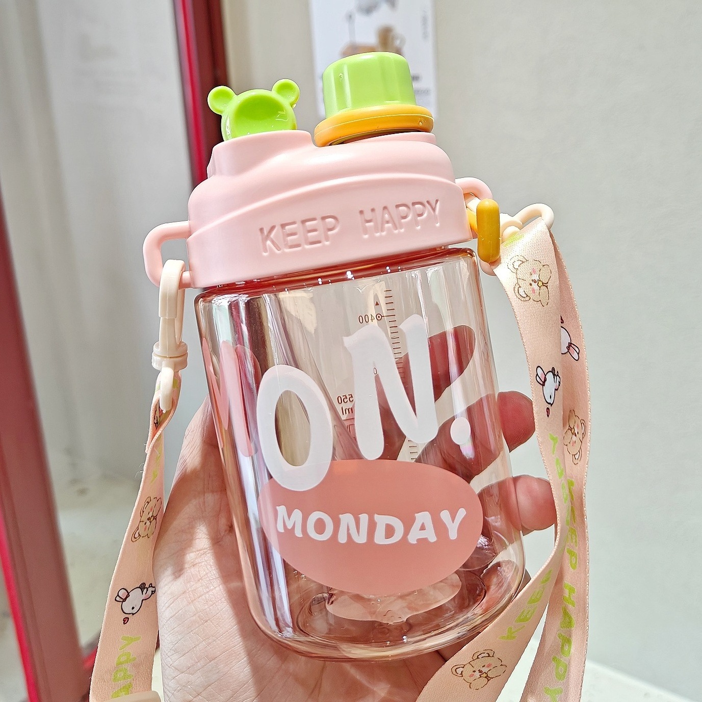 Female Students Summer Cute ON MONDAY Straw Bottles Korean Version Portable Plastic Double Drink Water Bottle with Strap