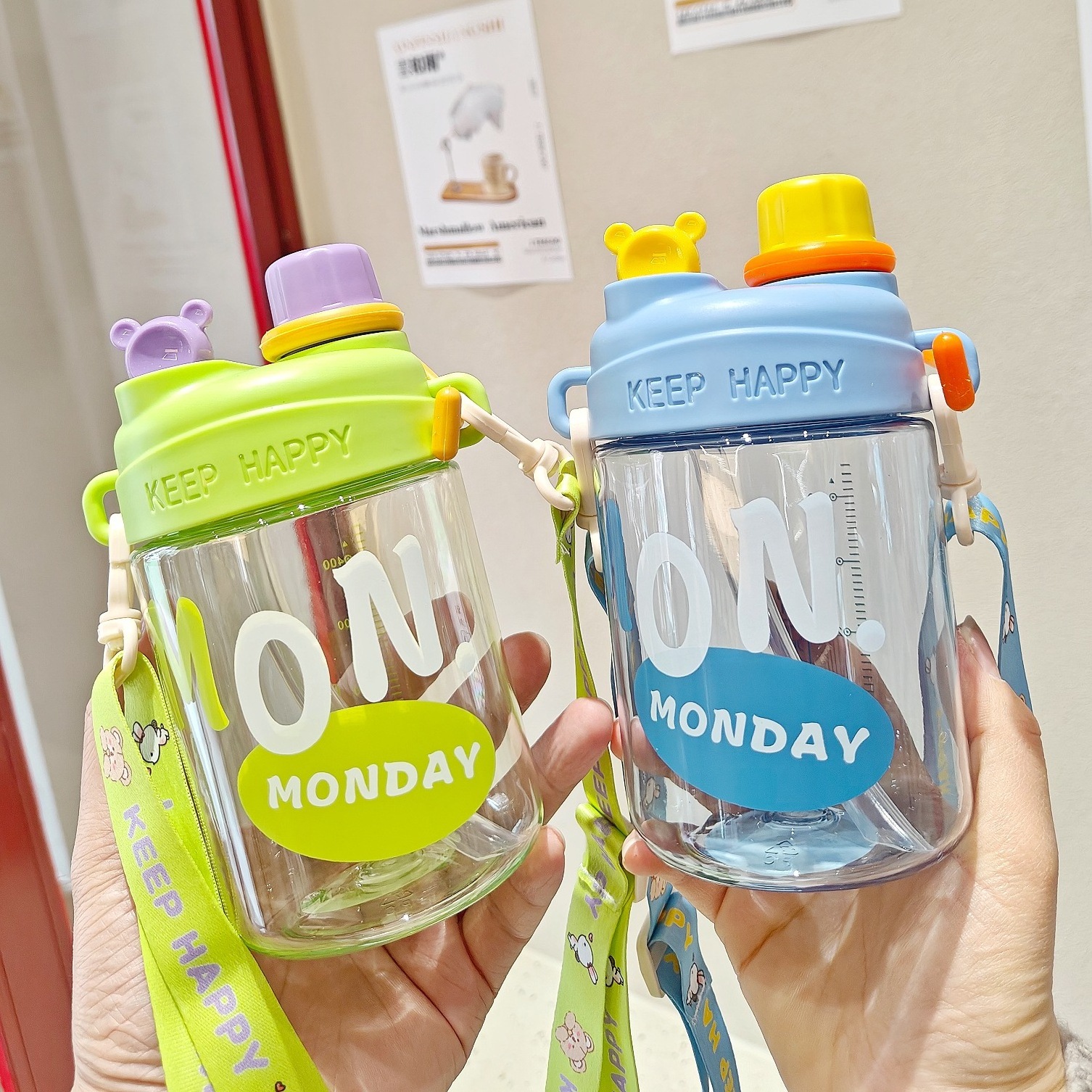 Female Students Summer Cute ON MONDAY Straw Bottles Korean Version Portable Plastic Double Drink Water Bottle with Strap