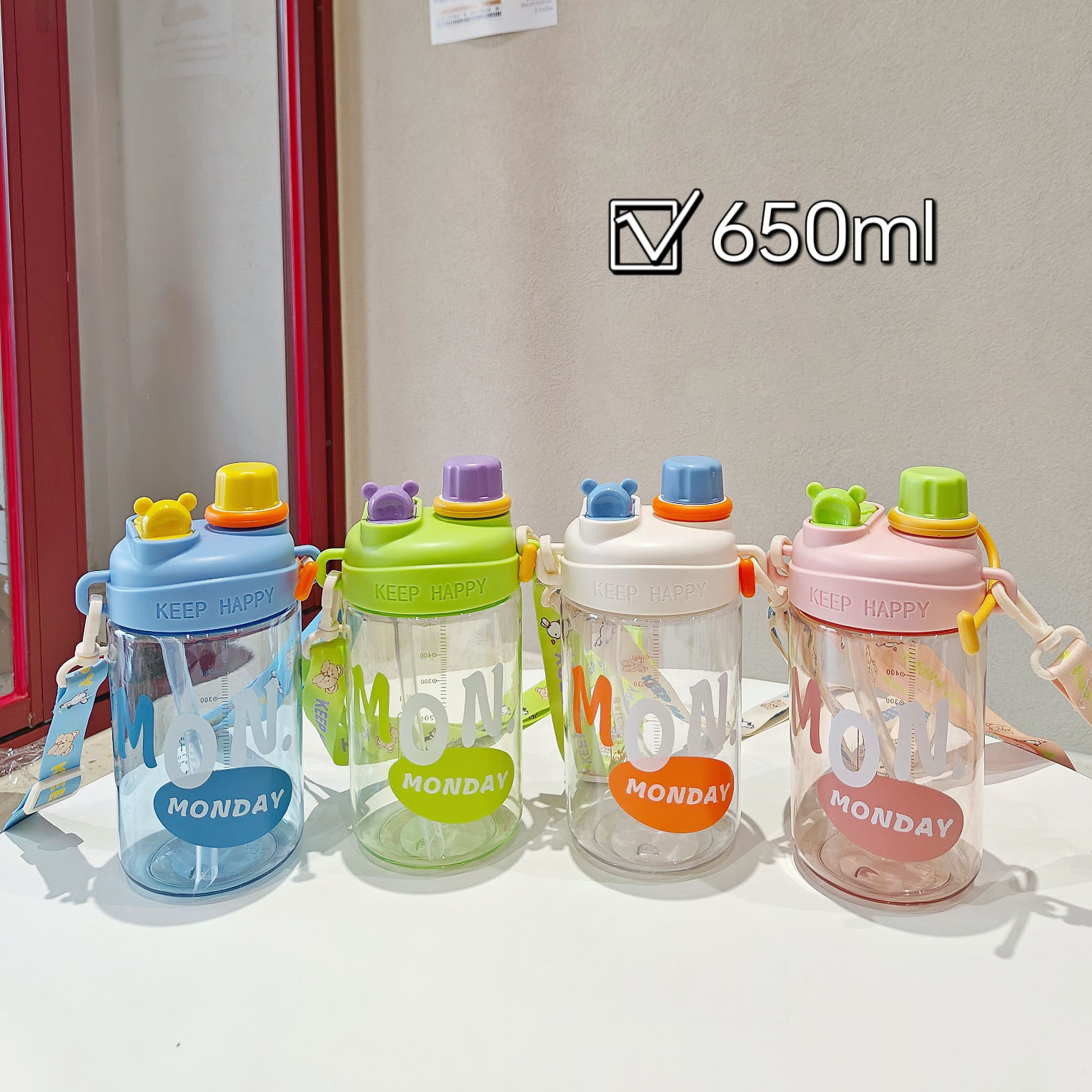 Female Students Summer Cute ON MONDAY Straw Bottles Korean Version Portable Plastic Double Drink Water Bottle with Strap