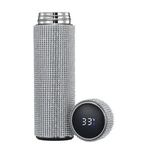 New Arrival Sparkling Smart Temperature Display Insulated Bottle Bling Bling Rhinestone Stainless Steel Diamond Water Bottle