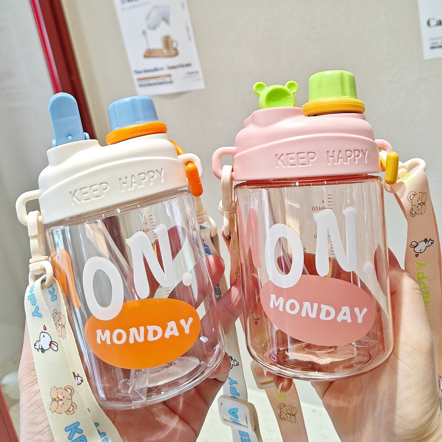 Female Students Summer Cute ON MONDAY Straw Bottles Korean Version Portable Plastic Double Drink Water Bottle with Strap