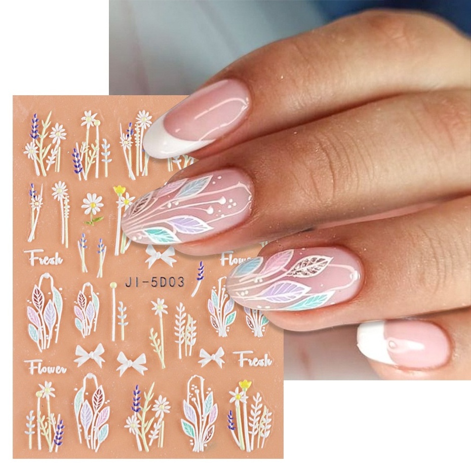 Newest Self-adhesive Nail Decal Stickers Summer Two-color Love  Pink 5D Flower Relief Nail Stickers