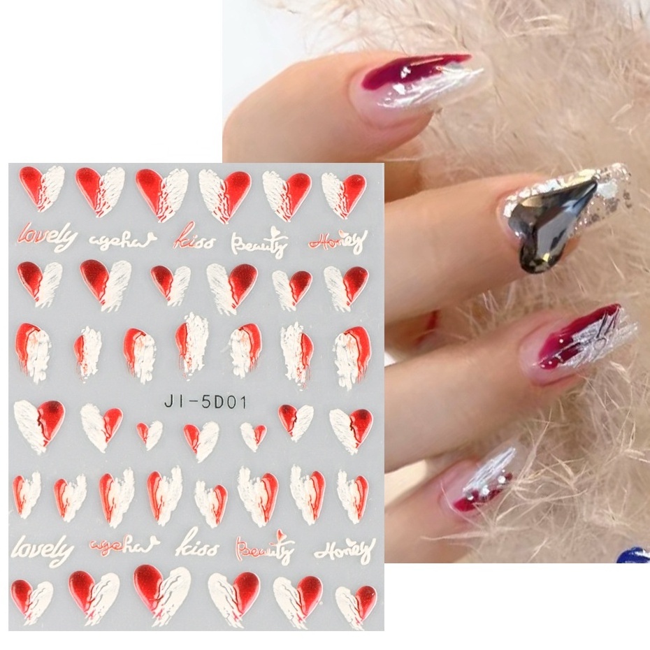 Newest Self-adhesive Nail Decal Stickers Summer Two-color Love  Pink 5D Flower Relief Nail Stickers