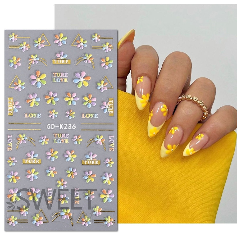 Wholesale Summer Flower Nail Stickers 5D Relief French Sunflower Daisy Nail Decal Sticker