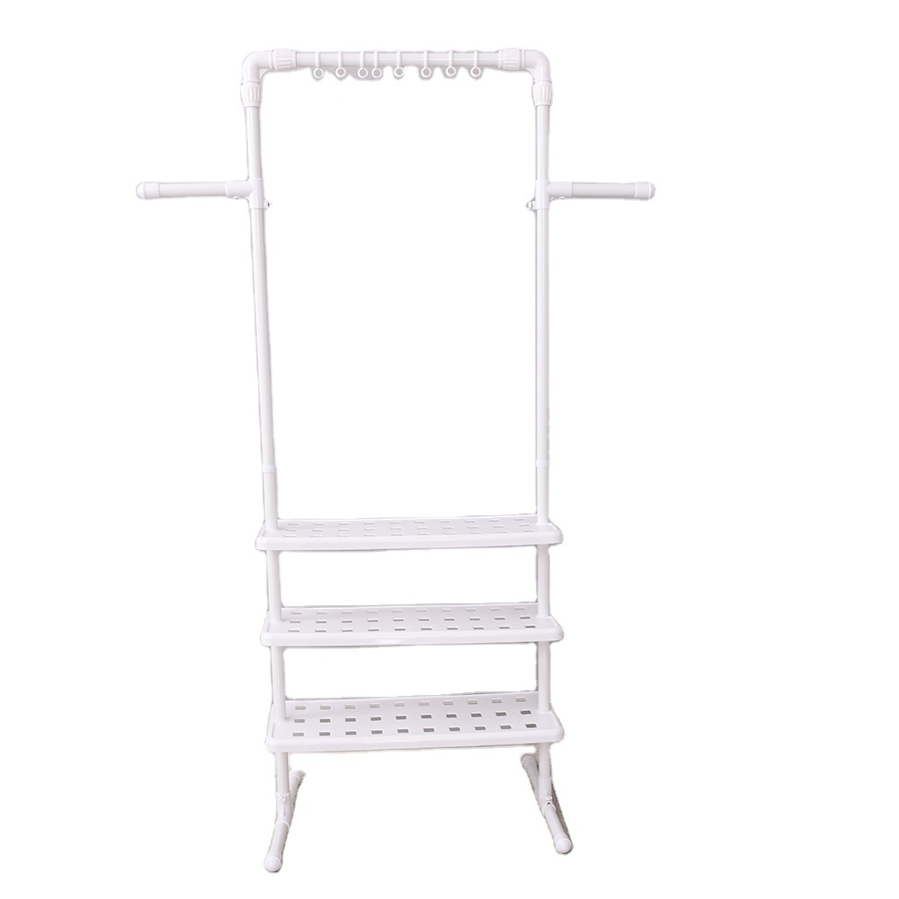 Movable Coat Stands Double Pole Floor Hanger Clothing Rack with Wheels 3 Tier Shoes Storage Shelf