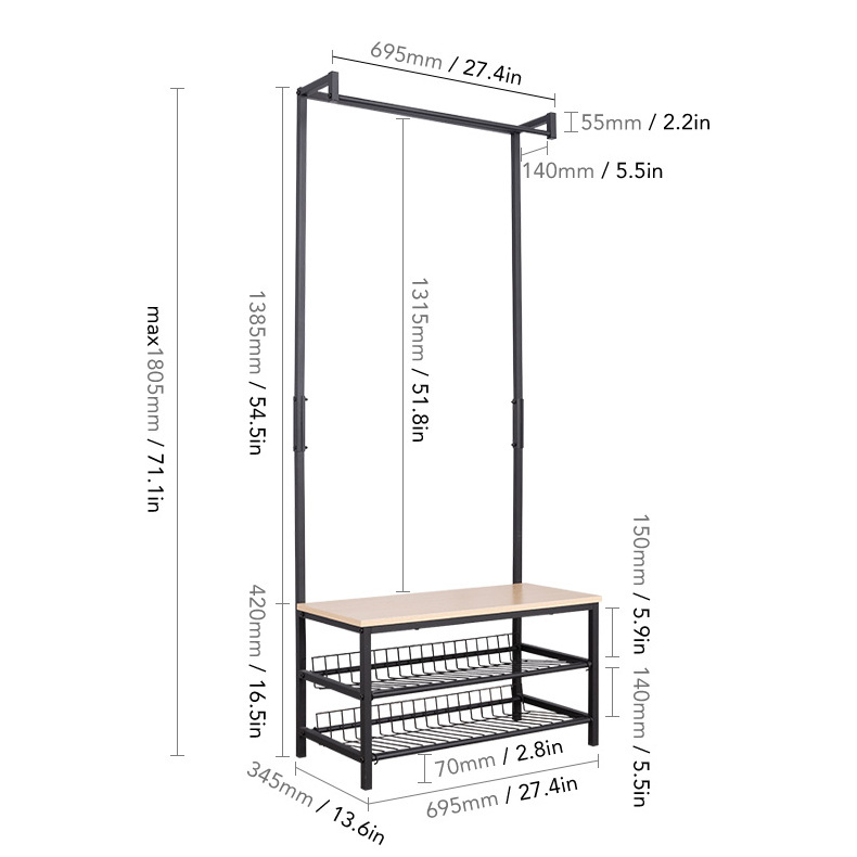 Metal Coat Rack Entryway Bench and Coat Hanger Stand With Shoe Storage