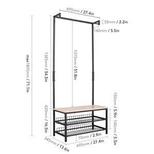 Metal Coat Rack Entryway Bench and Coat Hanger Stand With Shoe Storage