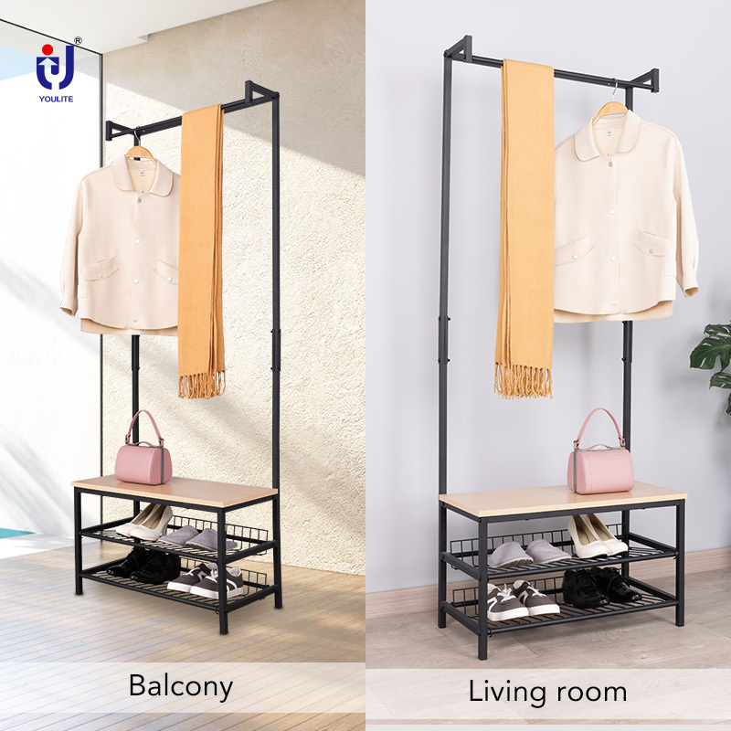 Metal Coat Rack Entryway Bench and Coat Hanger Stand With Shoe Storage