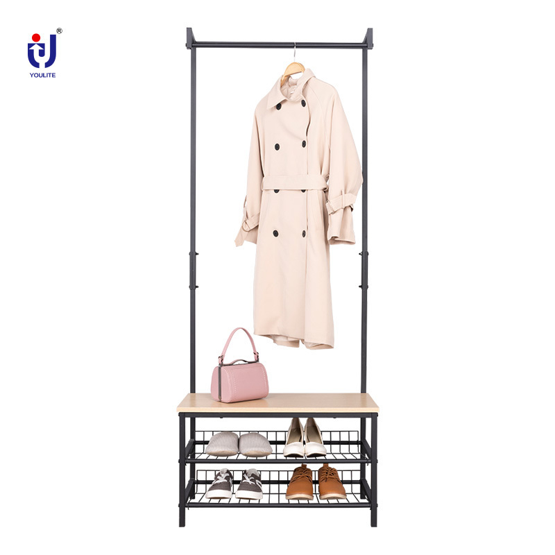 Metal Coat Rack Entryway Bench and Coat Hanger Stand With Shoe Storage