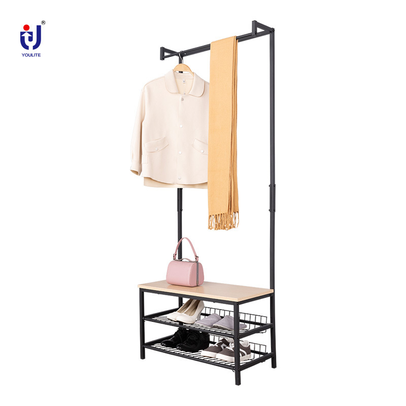 Metal Coat Rack Entryway Bench and Coat Hanger Stand With Shoe Storage