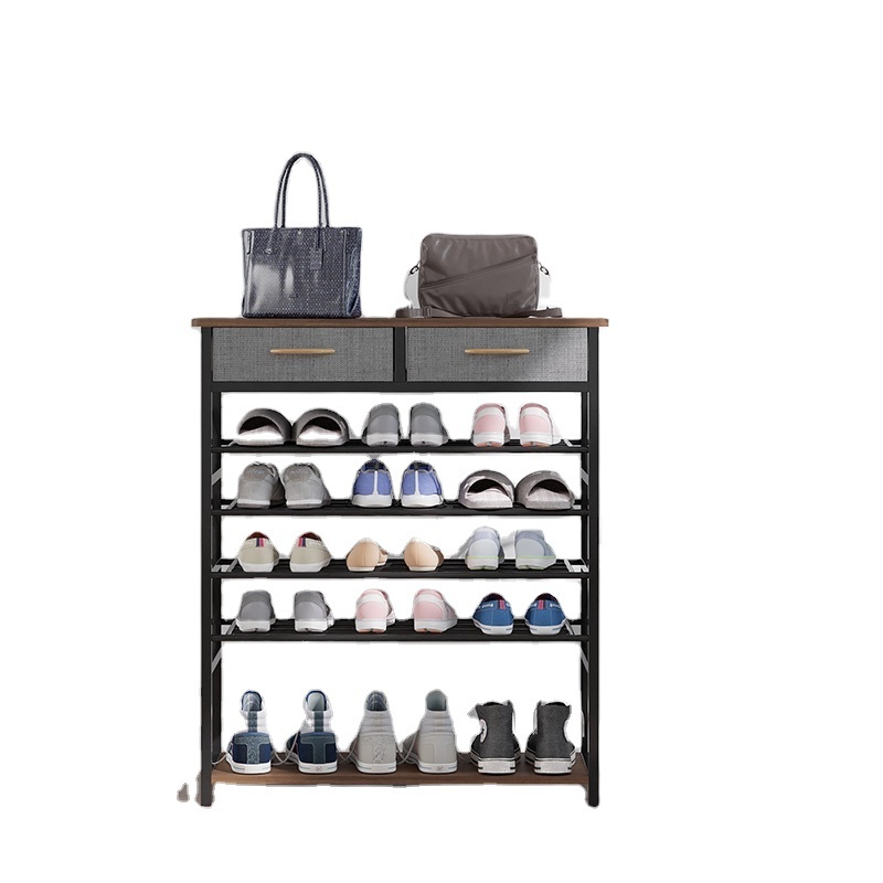 Living room furniture black 5-layer metal shoe stand wooden shoe cabinet entryway shoe storage rack