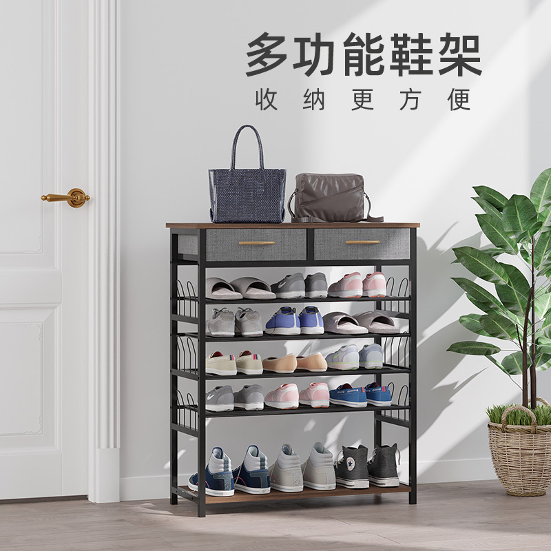 Living room furniture black 5-layer metal shoe stand wooden shoe cabinet entryway shoe storage rack