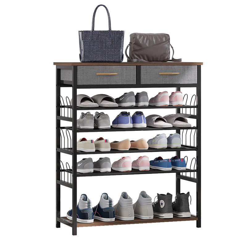 Living room furniture black 5-layer metal shoe stand wooden shoe cabinet entryway shoe storage rack