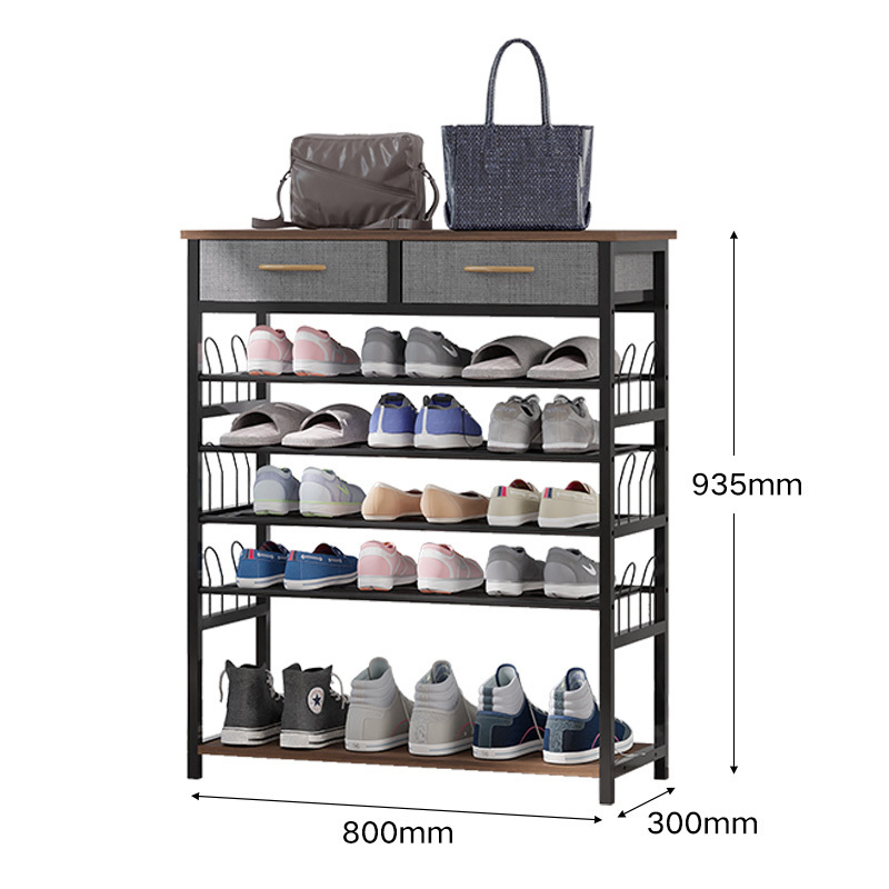 Living room furniture black 5-layer metal shoe stand wooden shoe cabinet entryway shoe storage rack