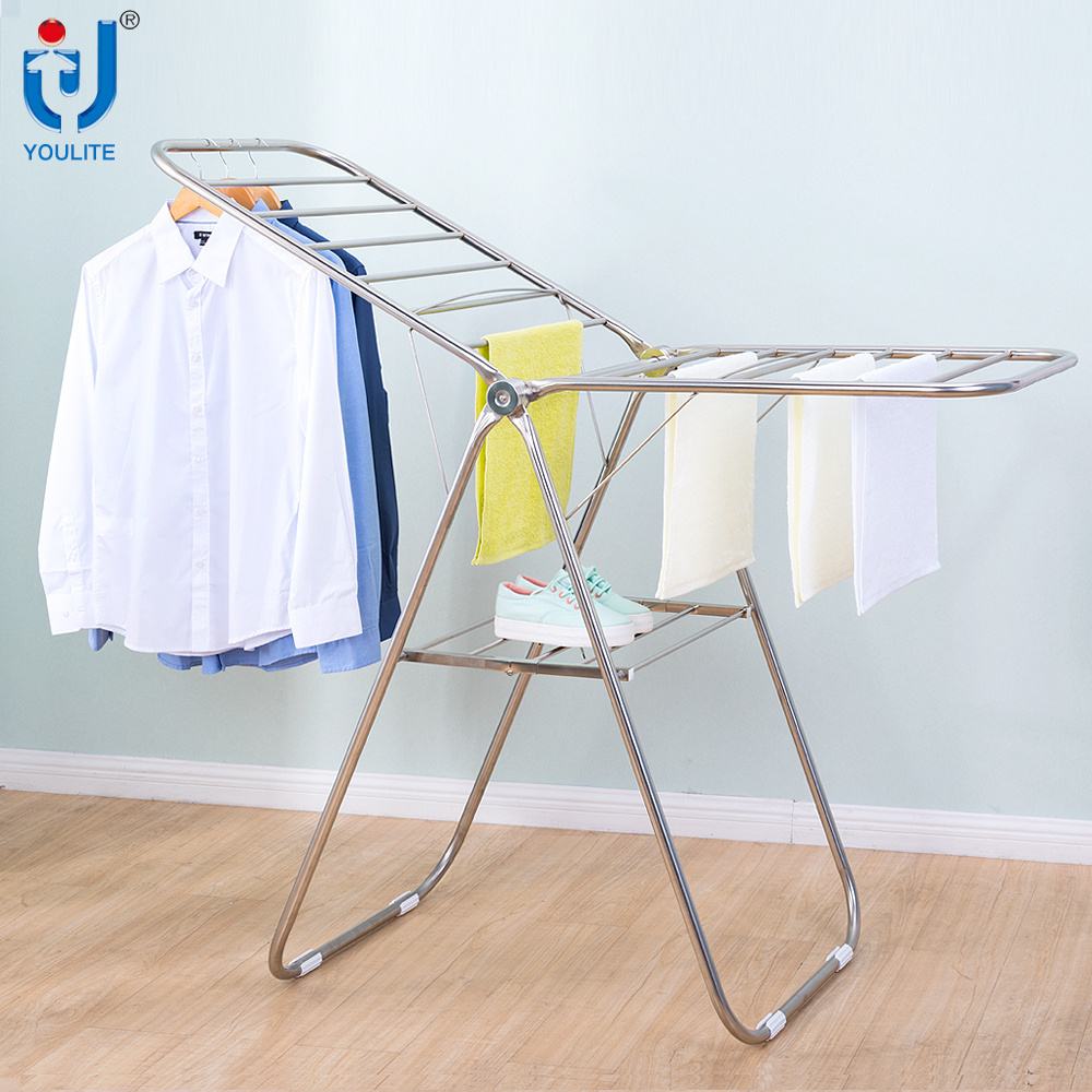 Professional Double Pole Extendable Towel Rail Clothes Rolling Heavy Duty Folding Indoor Freestanding Clothing Rack