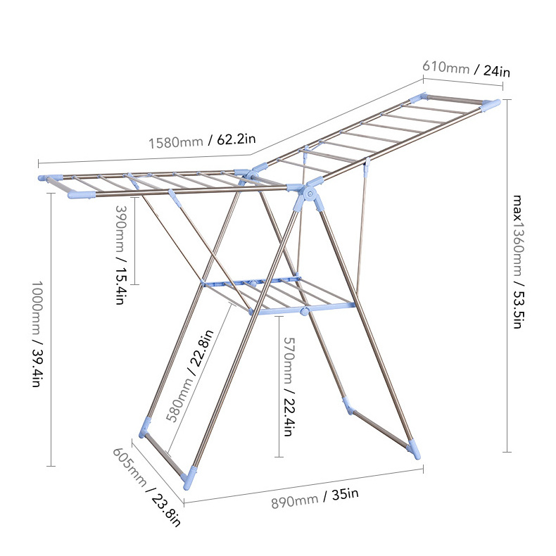 Drying rack clothes foldable metal laundry hanging rack