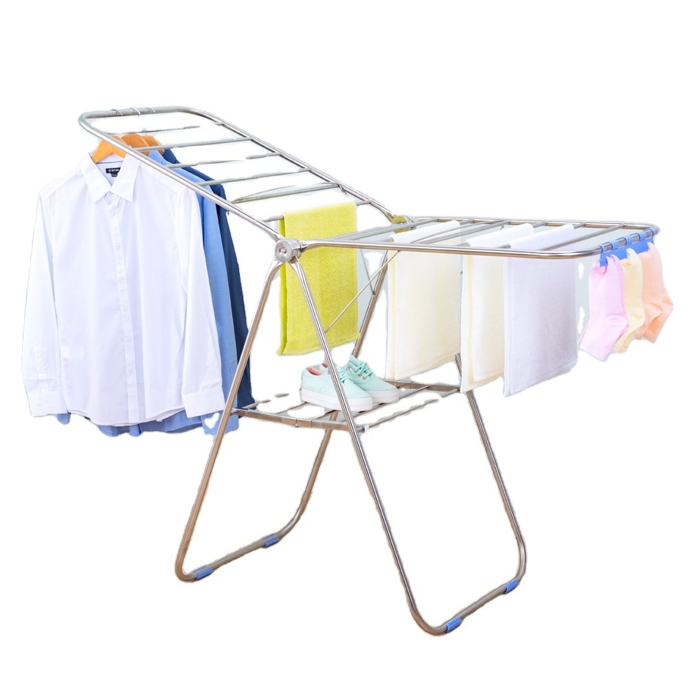 Professional Double Pole Extendable Towel Rail Clothes Rolling Heavy Duty Folding Indoor Freestanding Clothing Rack