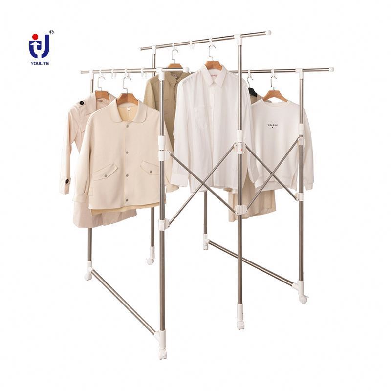 Mobile Japanese Foldable Vertical Cover Metal Clothes Hanger Drying Garment Rack