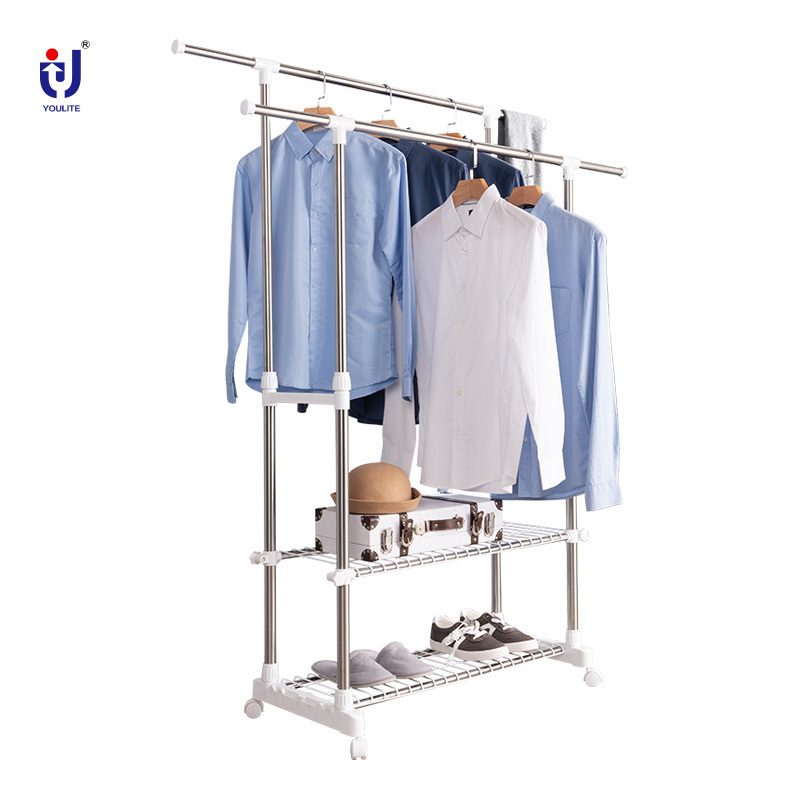 Household clothes drying rack balcony storage clothes double rod hanger