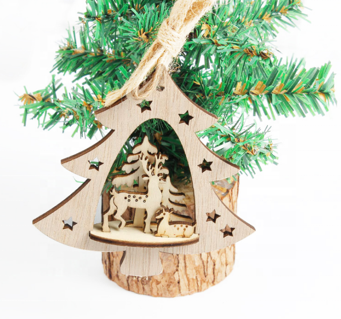 Creative hollow decoration supplies wooden three-dimensional Christmas tree pendant wholesale christmas decoration light