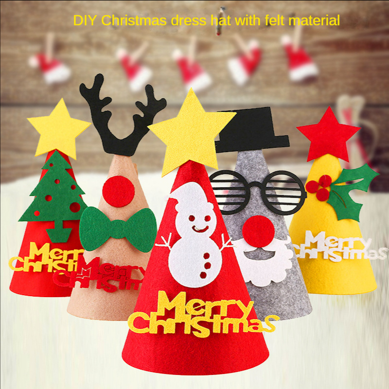 Children Kids Christmas Santa Hat Felt Decorated Holder Red Mini Cartoon Crafts Child Christmas Hats For Diy