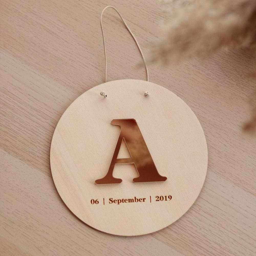 Birth Announcement Wooden Baby Nursery Room Decor Disc Sign With Golden Capital Letter