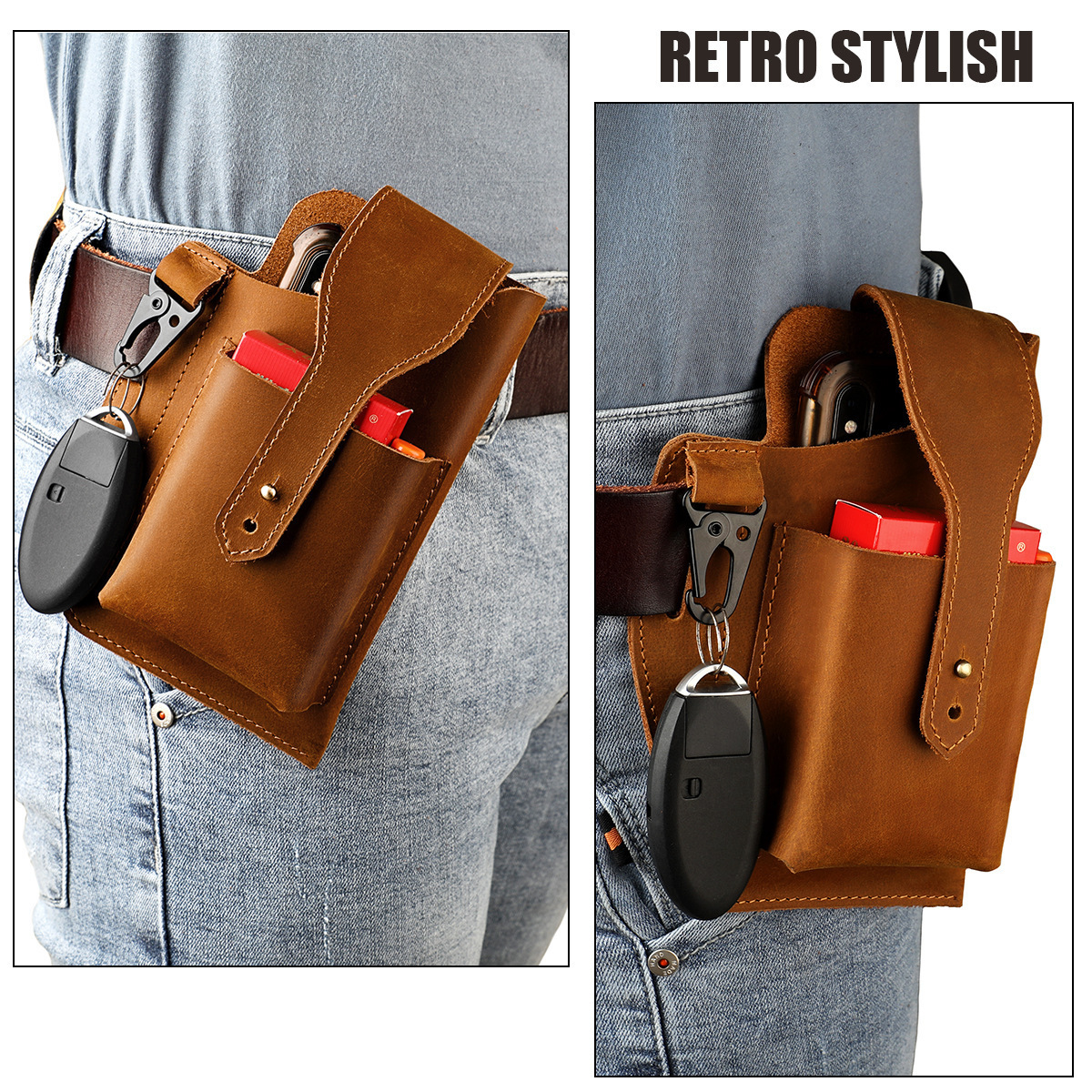 Outdoor Vintage genuine leather men's belt waist bag mobile phone fanny pack cigarette case car key hanging bag for men