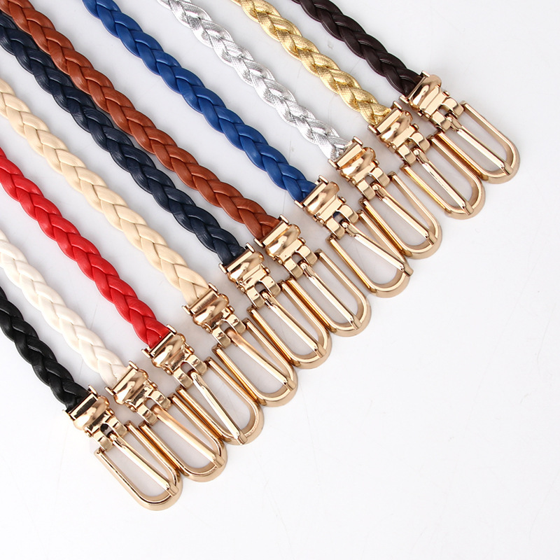 Female Weave belt multi-color ladies thin belt ladies pin buckle PU leather belt