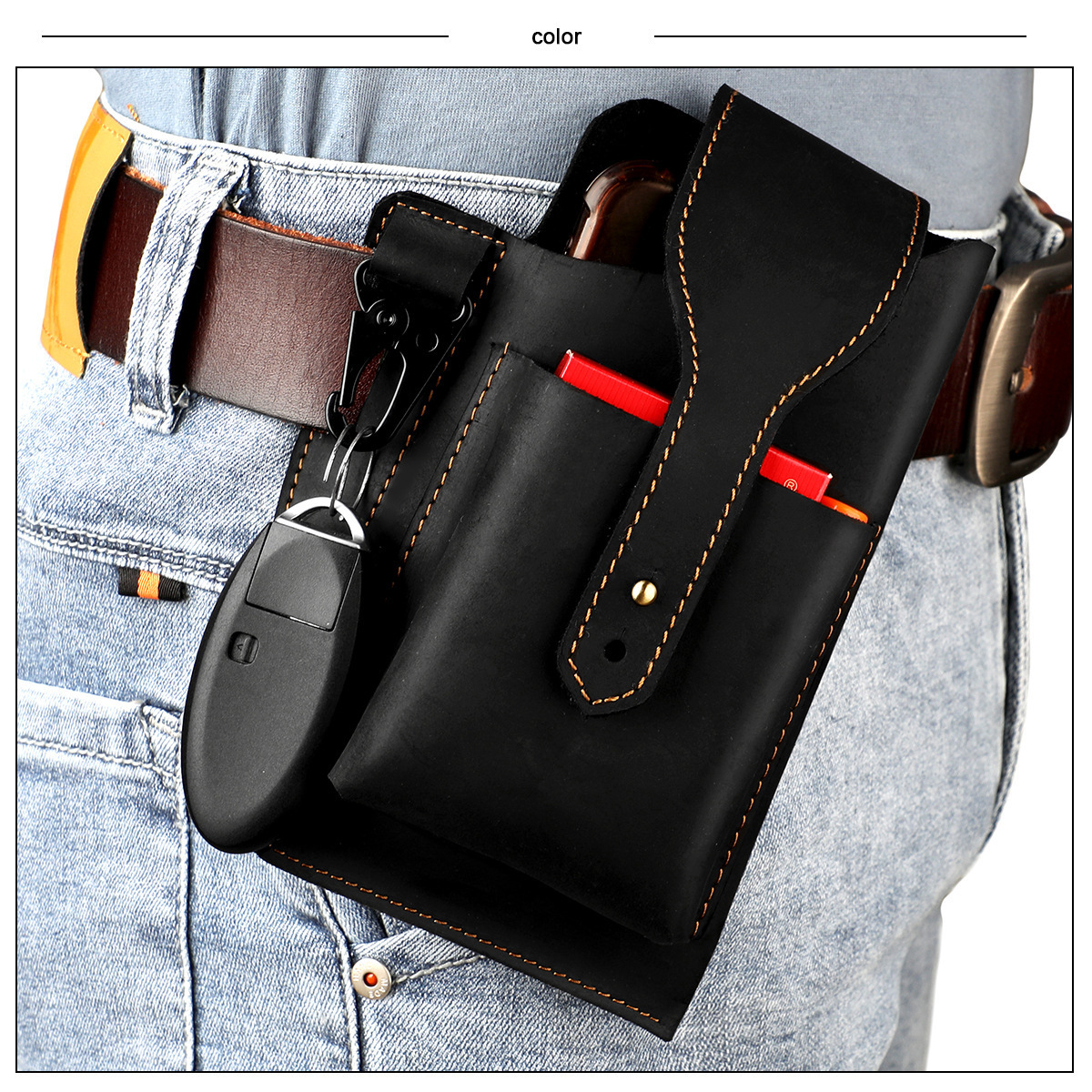 Outdoor Vintage genuine leather men's belt waist bag mobile phone fanny pack cigarette case car key hanging bag for men