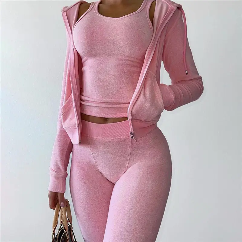 2023  New Streetwear Bodysuit Y2K Pink Terry Toweling Vest Short Sweatshirt Pants  Two Piece Set Tracksuits For Women