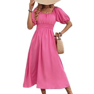 2023 Custom Summer New Arrival Hot Selling Women's Puff Sleeve Collarless Dress Causal High Waist Elegant Dresses