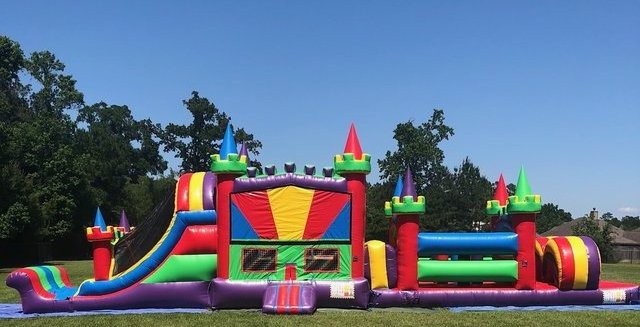 50 Ft Colorful Castle Combo Obstacle Course Bouncer with Water slide and pool Outdoor inflatable obstacle course rental