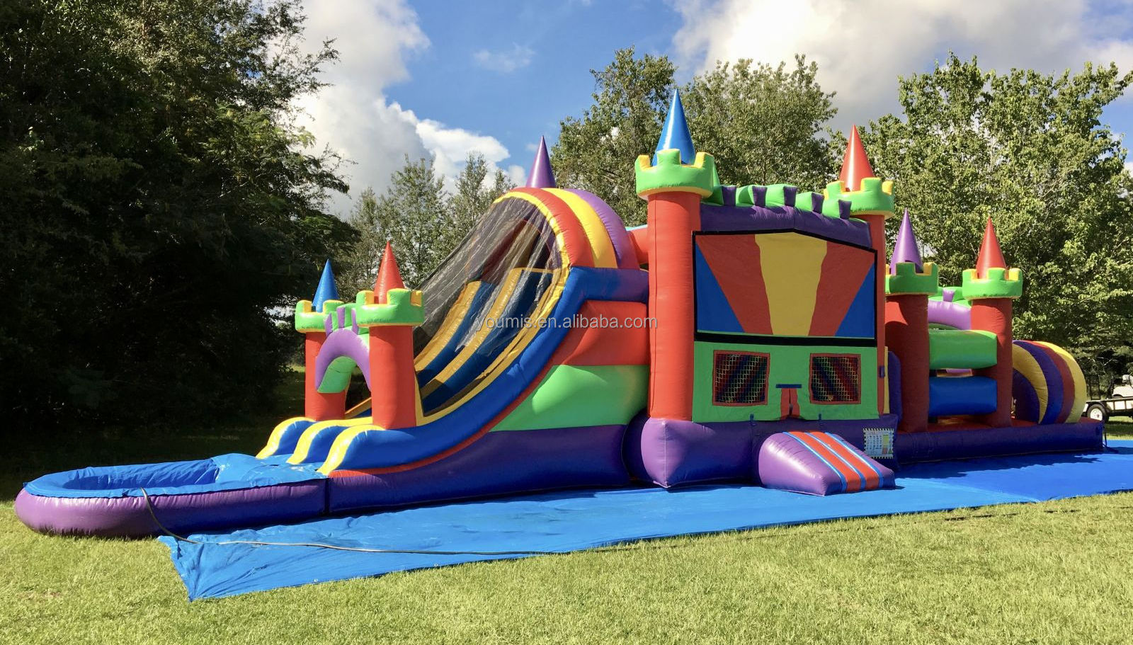 50 Ft Colorful Castle Combo Obstacle Course Bouncer with Water slide and pool Outdoor inflatable obstacle course rental