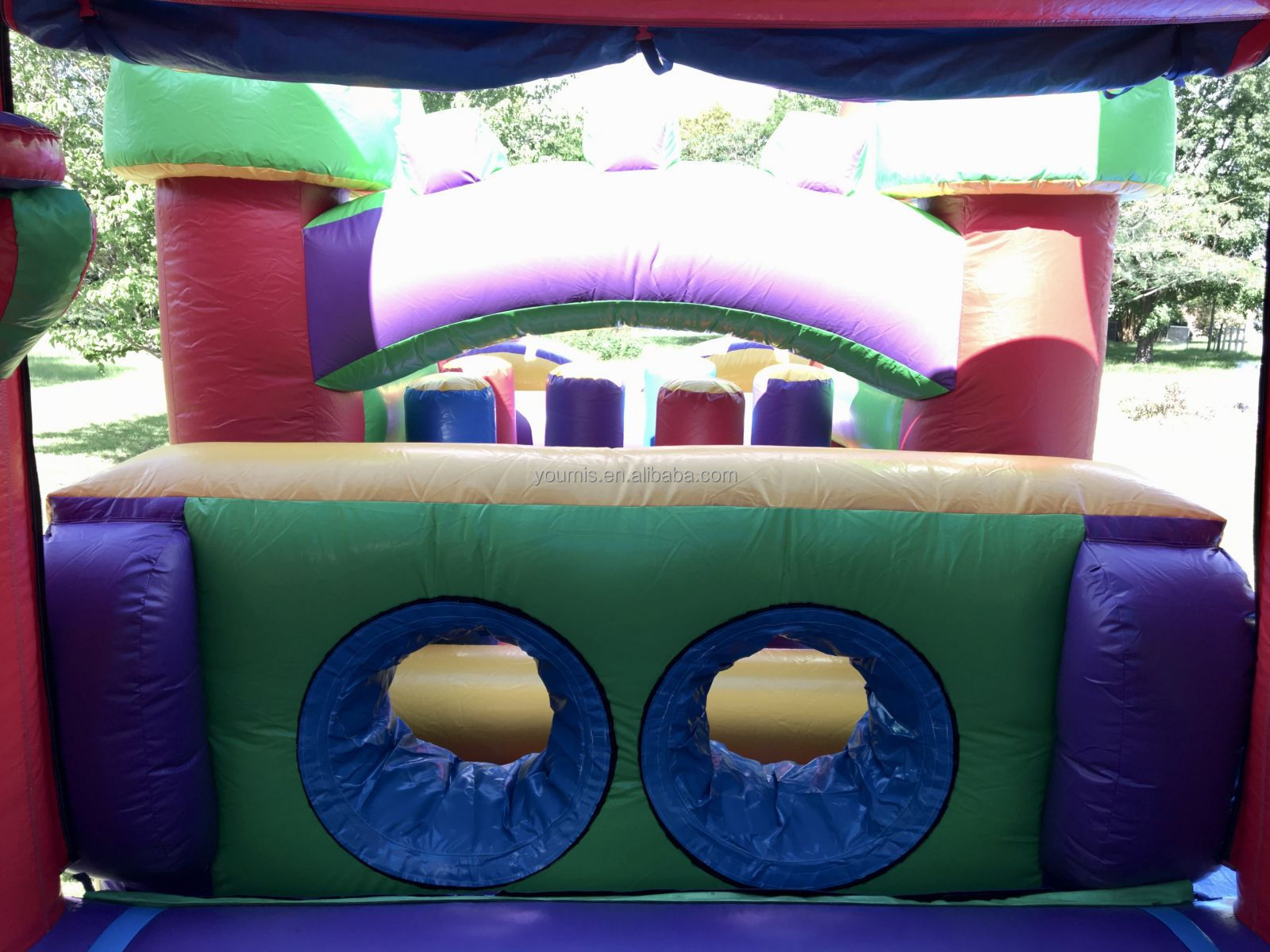 50 Ft Colorful Castle Combo Obstacle Course Bouncer with Water slide and pool Outdoor inflatable obstacle course rental