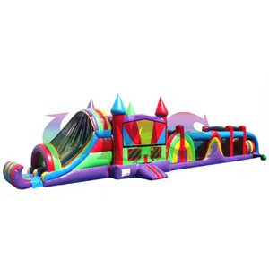 50 Ft Colorful Castle Combo Obstacle Course Bouncer with Water slide and pool Outdoor inflatable obstacle course rental