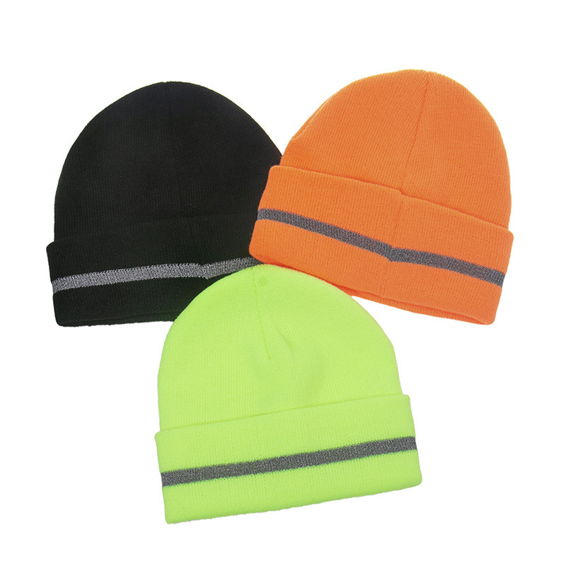 2022 new coming 3 colors stock wholesale neon hat reflective stripes beanie,outdoor sports reflective beanie,reflective beanie