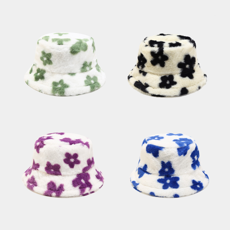 New Arrival Wholesale Fur Flower Printed Bucket Hat 5 Colors Available for Autumn-Winter Wear Furry Winter Hats