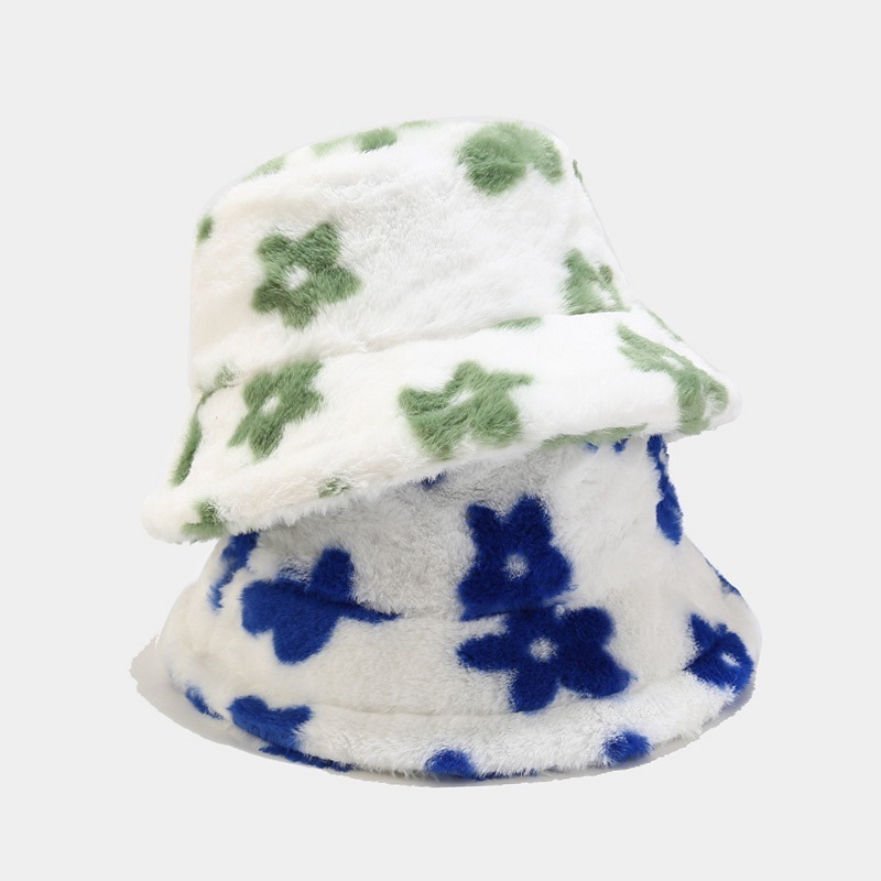 New Arrival Wholesale Fur Flower Printed Bucket Hat 5 Colors Available for Autumn-Winter Wear Furry Winter Hats