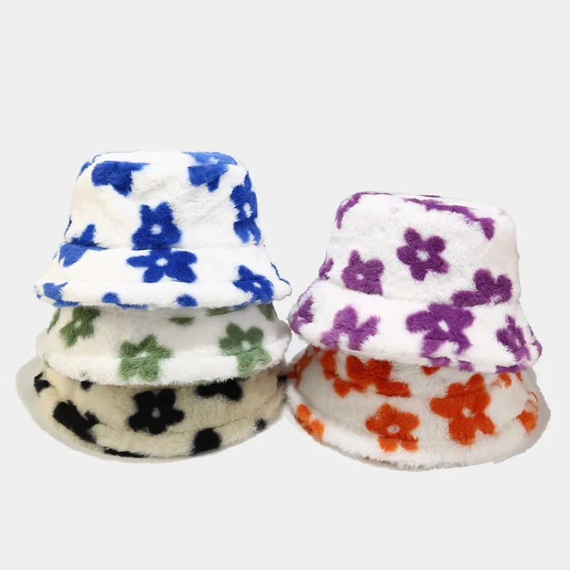 New Arrival Wholesale Fur Flower Printed Bucket Hat 5 Colors Available for Autumn-Winter Wear Furry Winter Hats