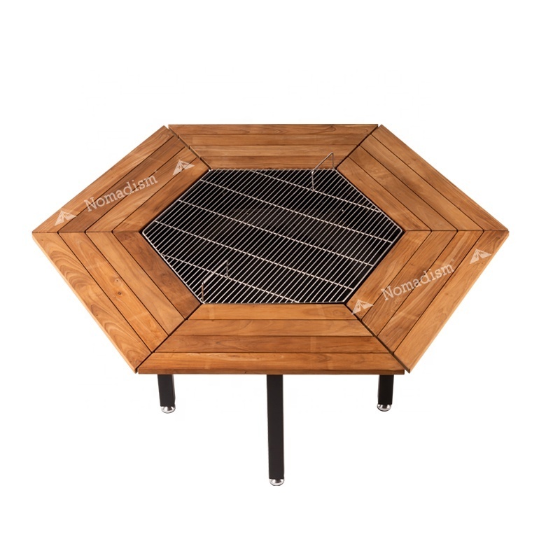 New Design Outdoor Hexagon 6 Seats BBQ Wood Grill Table And Fire Pit Grill For Cooking